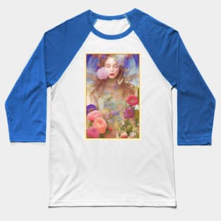 Art Deco style painting of flowers, roses and a pretty girl Baseball T-Shirt